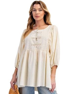easel Cream Boho Lace-Trim Peasant Tunic